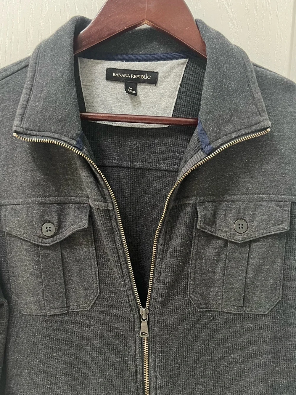 Banana Republic Mens Grey Full Zip Utility Jacket Ribbed Knit Button Pocket M